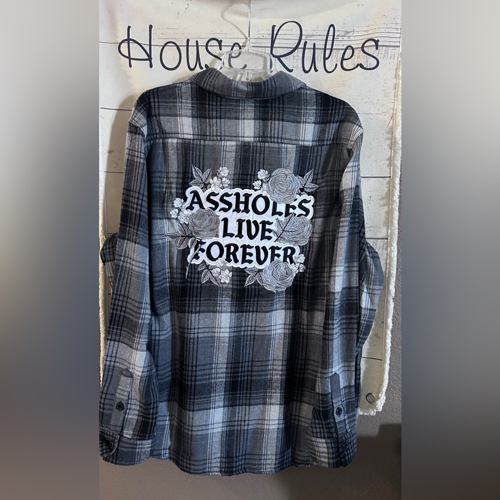 Flannel NEW Black and Gray Plaid  Shirt “ASSHOLES LIVE FOREVER” - Picture 3 of 11